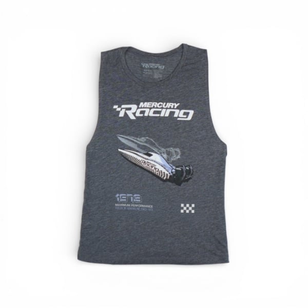 Charcoal grey women’s Mercury Racing tank with a bold logo and performance boat graphic on the front.