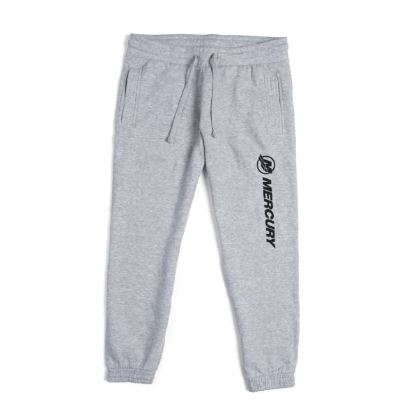 Heather grey women’s joggers featuring an elastic waistband with drawstrings, front pockets, ribbed cuffs, and a vertical black Mercury logo along the left leg.