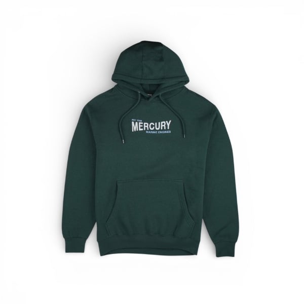 Dark green Mercury Marine hoodie with a simple left‑chest Mercury Marine logo and front pouch pocket.