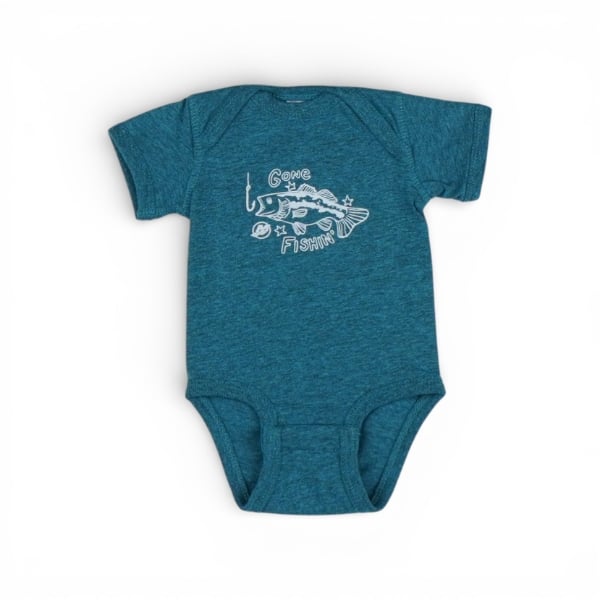 Blue Gone Fishing Onesie with graphic of a fish and "GONE FISHING" text