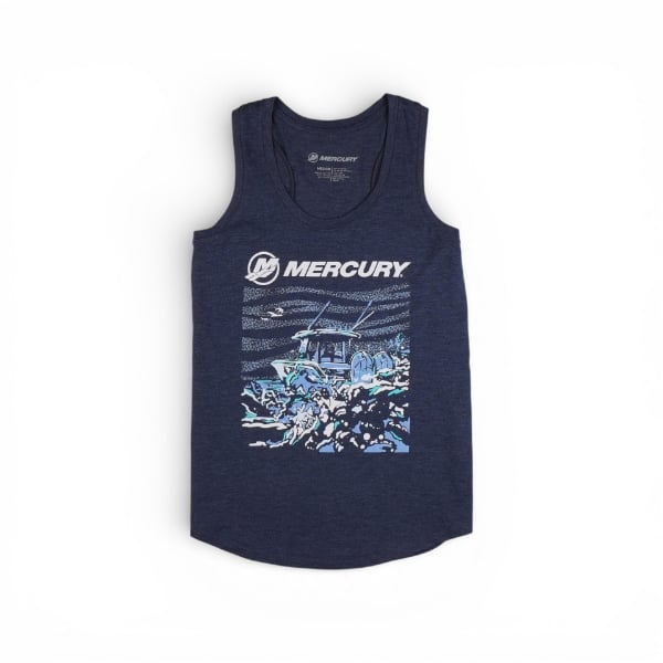 Front of Mercury Women's Splash Tank with a graphic of a boat on water