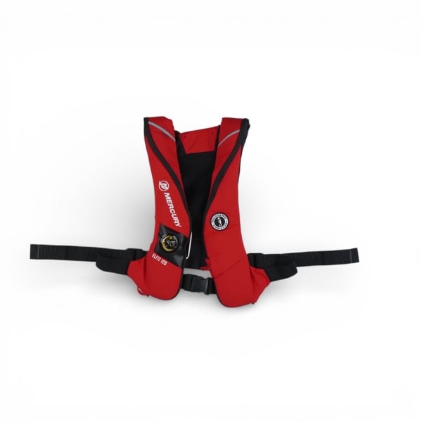Red Mercury Mustang inflatable PFD with black mesh interior, waist belts, and Hydrostatic Inflator Technology patch.
