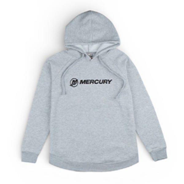 Heather grey women’s Mercury hoodie featuring a bold front Mercury logo and relaxed, curved‑hem fit.