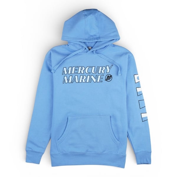 Light blue Mercury Marine hoodie featuring a bold front logo and nautical flag graphics down the sleeve.