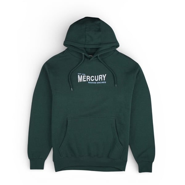 Dark green Mercury Marine hoodie with a simple left‑chest Mercury Marine logo and front pouch pocket.
