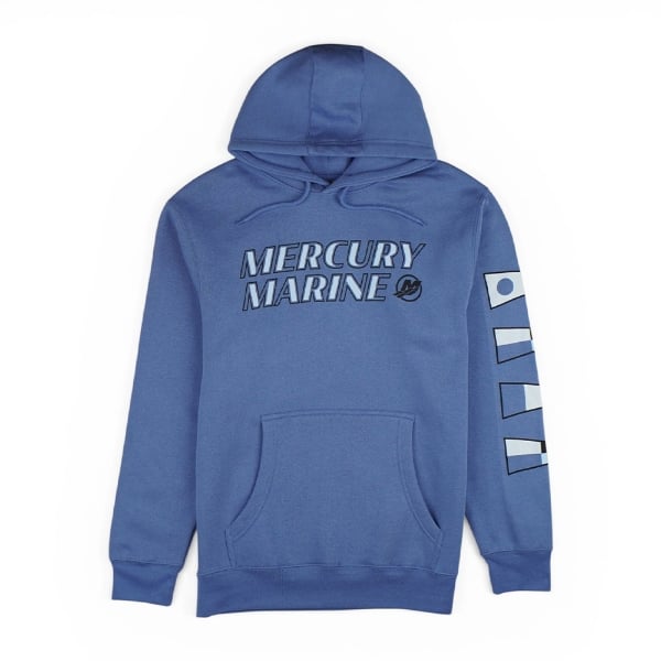 Colony blue Mercury Marine hoodie featuring a bold front logo and nautical flag graphics down the sleeve.