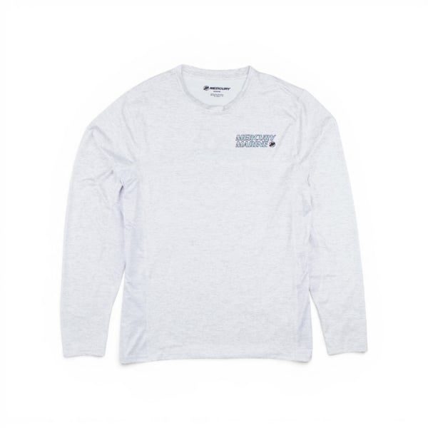 Light gray Mercury Marine long-sleeve performance shirt with small logo on left chest
