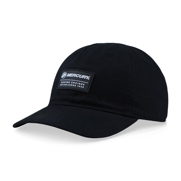 Black Mercury hat with woven Mercury Marine patch on the front, angled left view.