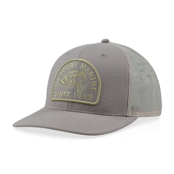 Gray Mercury Marine mesh‑back hat shown from a left angle with embroidered patch on the front.