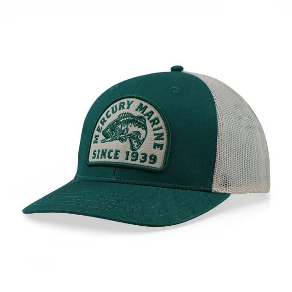 Green Mercury Marine mesh‑back hat shown from a right angle with embroidered front patch.