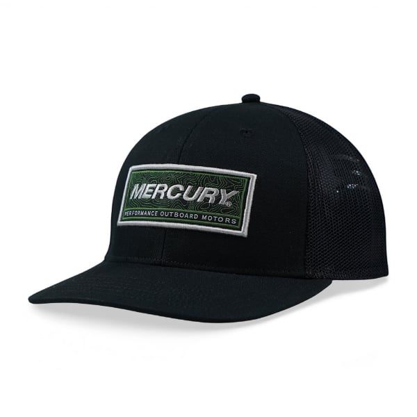 Black Mercury hat shown at a three‑quarter front angle with a rectangular embroidered Mercury patch on the front panel and black mesh back panels.