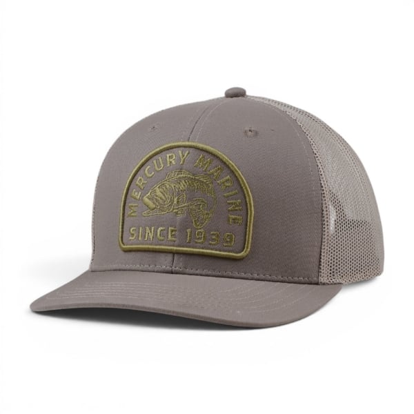 Gray Mercury Marine mesh‑back hat shown from a left angle with embroidered patch on the front.