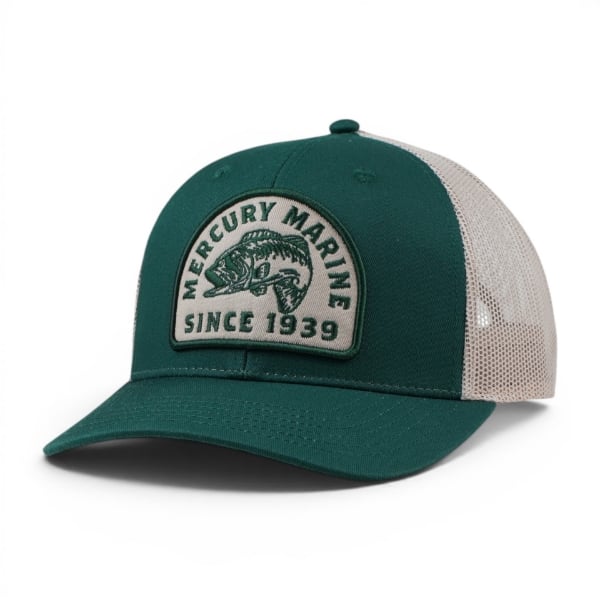 Green Mercury Marine mesh‑back hat shown from a right angle with embroidered front patch.