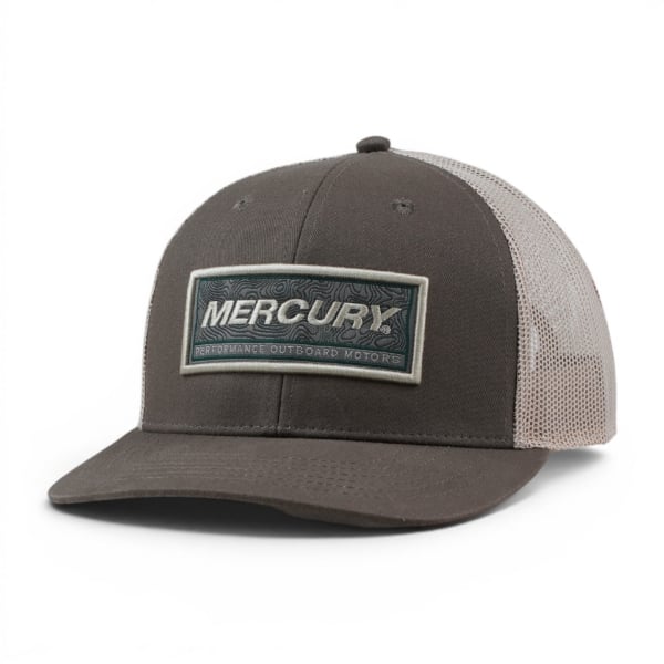 Dark gray Mercury patch hat shown at a left angle with mesh back and embroidered front patch.