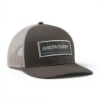 Dark gray Mercury patch hat shown at a right angle with topographic pattern patch.