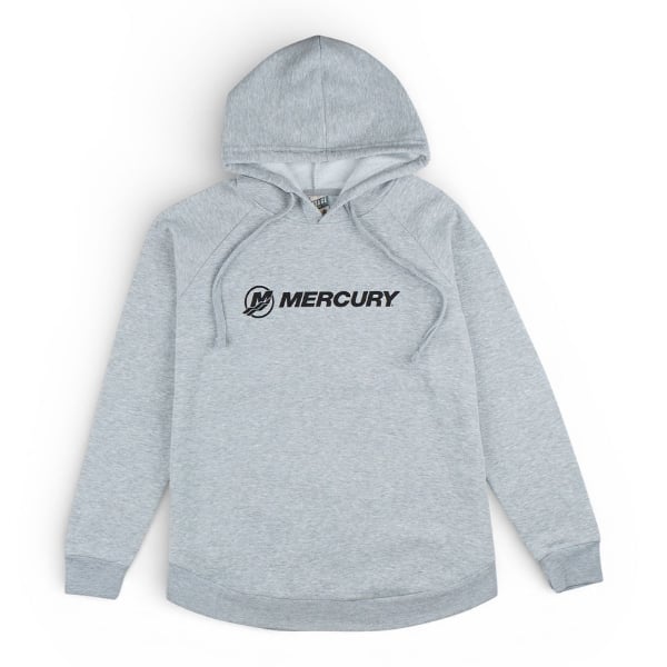 Heather grey women’s Mercury hoodie featuring a bold front Mercury logo and relaxed, curved‑hem fit.