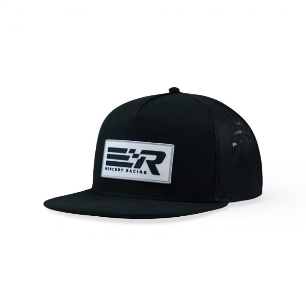 Angled front view of the Mercury Racing Iconic Mesh Cap, showing a black flat-brim snapback with a white and gray Mercury Racing logo patch on the front panel.