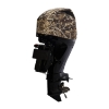 Side view of a Mercury outboard motor with a camo vented engine cover fitted over the top, showing the motor's black lower unit and propeller.