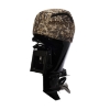 Close-up side view of the camo vented engine cover on a Mercury outboard motor, showing the cover's fit around the top of the motor.