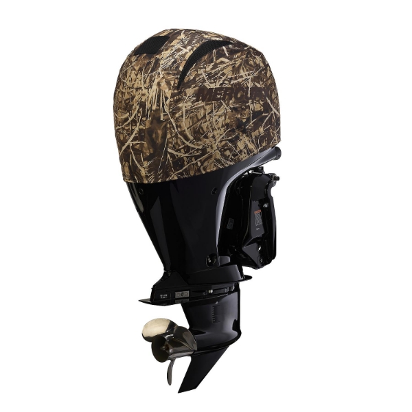 Mercury 150HP outboard motor with Shoreline Grass camo vented splash engine cover, showing embossed Mercury logo and black lower unit with propeller