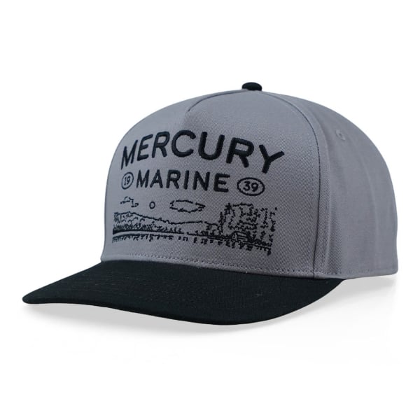Mercury Marine Harbor hat, gray with black brim and Mercury Marine logo patch on front.