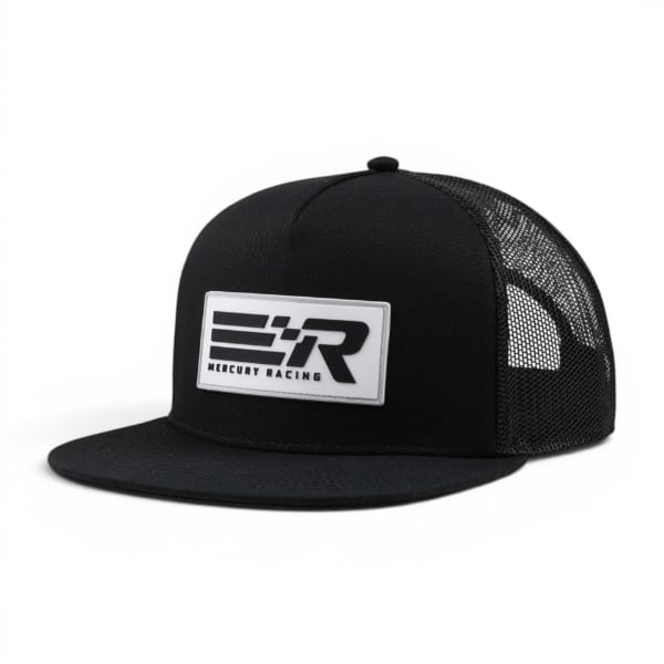 Angled front view of the Mercury Racing Iconic Mesh Cap, showing a black flat-brim snapback with a white and gray Mercury Racing logo patch on the front panel.