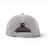Rear three-quarter view of a light gray trucker hat, showing the mesh back panel and adjustable snapback closure.