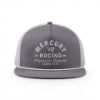 Front view of a gray and light gray trucker hat featuring an embroidered circular 'Mercury Racing' logo patch on the crown.