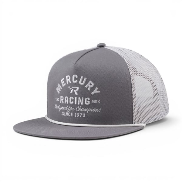 Side angle view of a gray and light gray trucker hat, highlighting the curved brim and embroidered 'Mercury Racing' logo patch.