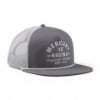 Three-quarter front view of a gray and light gray trucker hat with mesh back panel and embroidered 'Mercury Racing' logo patch on the front panel.