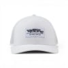 Front view of a white trucker hat with a rectangular embroidered Mercury Racing logo patch on the crown.