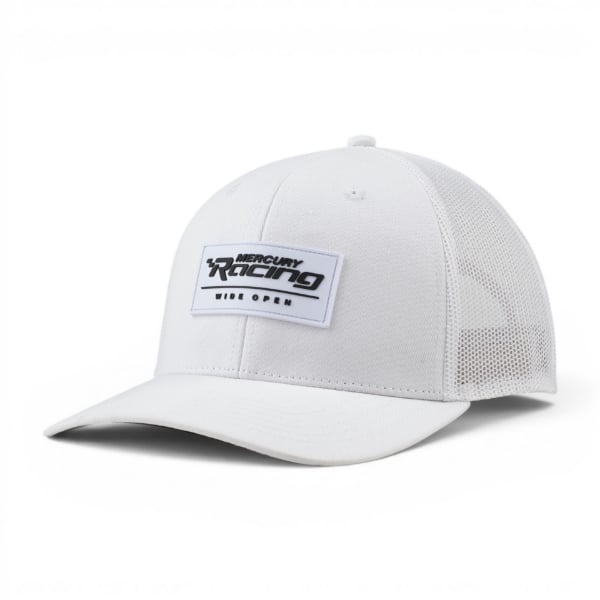 Side angle view of a white mesh-back trucker hat, showing the curved brim and embroidered Mercury Racing logo patch on the front.