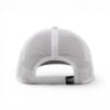 Rear view of a white trucker hat, showing the mesh back panel and adjustable snapback closure.