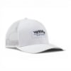 Three-quarter front view of a white trucker hat with mesh side panels and embroidered Mercury Racing logo patch.
