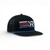 Three-quarter front view of a black flat-brim snapback hat featuring a striped racing logo, R emblem, and Mercury Racing text on the front panel.