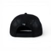 Rear view of a black flat-brim snapback hat, showing the mesh-free back panel and adjustable strap closure.