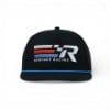 Front view of a black flat-brim snapback hat with a striped racing logo and R emblem on the crown, featuring a blue underbrim accent.