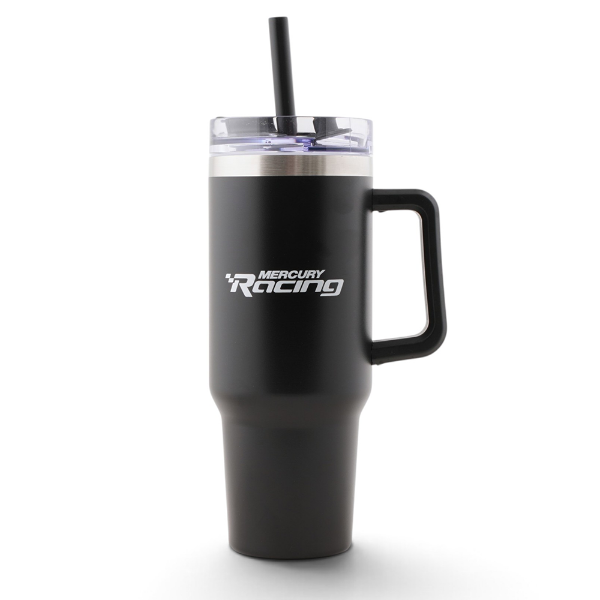 Mercury Racing Stainless Steel Tumbler - 40 oz shown from front, featuring the Mercury Racing logo