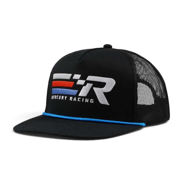 Side angle view of a black flat-brim snapback hat with a striped racing logo and R emblem on the front panel and blue underbrim.