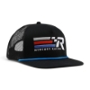 Three-quarter front view of a black flat-brim snapback hat featuring a striped racing logo, R emblem, and Mercury Racing text on the front panel.