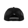 Rear view of a black flat-brim snapback hat, showing the mesh-free back panel and adjustable strap closure.