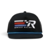 Front view of a black flat-brim snapback hat with a striped racing logo and R emblem on the crown, featuring a blue underbrim accent.