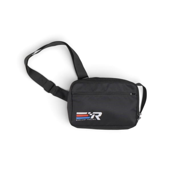 Black Mercury Racing sling bag featuring a front zipper pocket and bold racing stripe logo graphic.