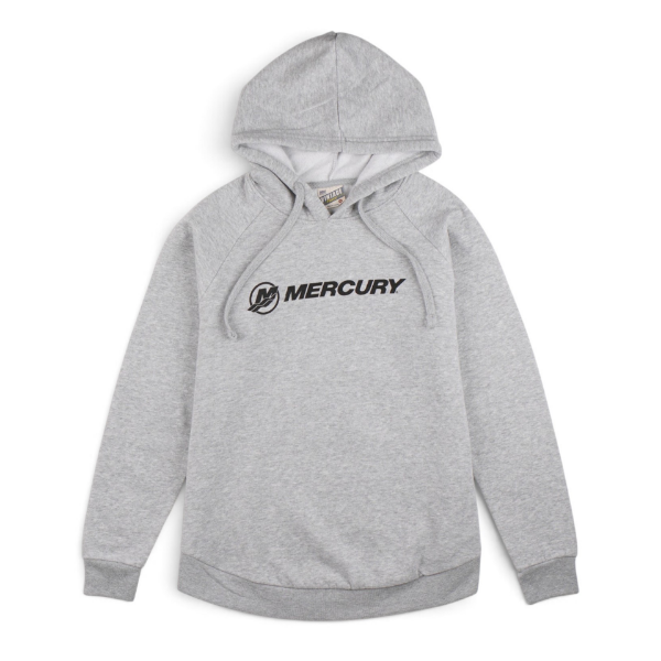 Heather grey women’s Mercury hoodie featuring a bold front Mercury logo and relaxed, curved‑hem fit.