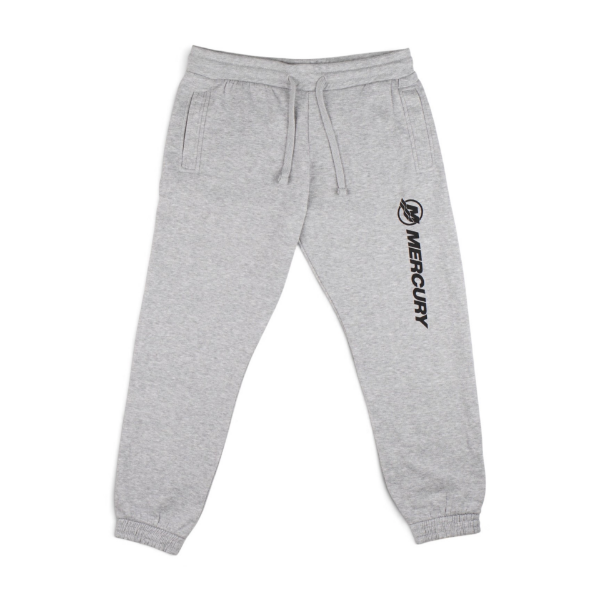 Heather grey women’s joggers featuring an elastic waistband with drawstrings, front pockets, ribbed cuffs, and a vertical black Mercury logo along the left leg.