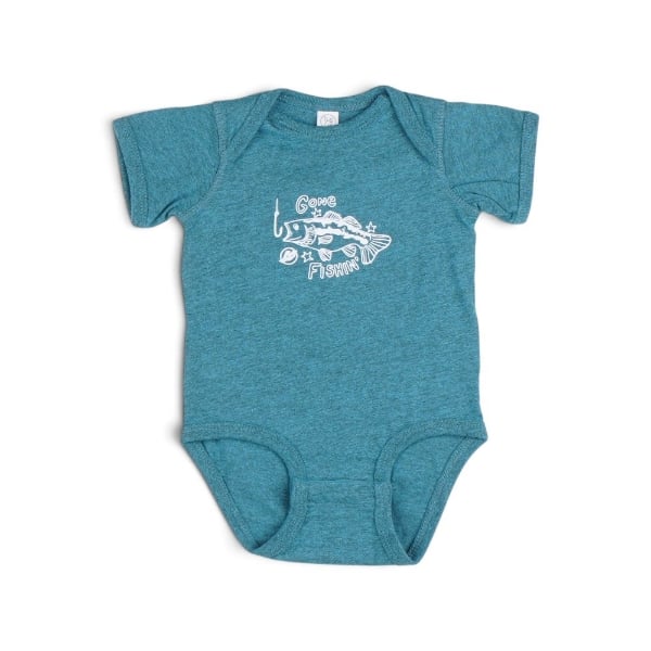 Blue Gone Fishing Onesie with graphic of a fish and "GONE FISHING" text