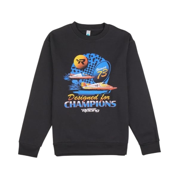 Black Mercury Racing sweatshirt featuring a bold “Designed for Champions” graphic with colorful racing boat artwork.