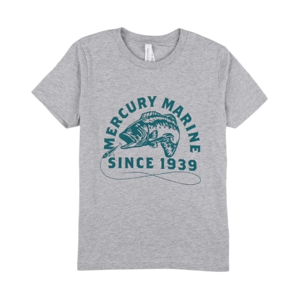 Front of Mercury Marine Youth Outfitters Tee  showing fish illustration by Mercury Marine Since 1939 text