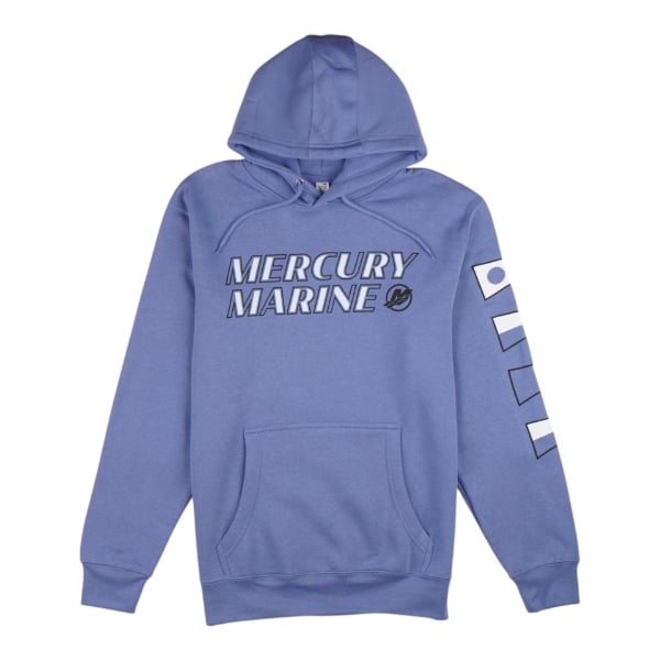 Colony blue Mercury Marine hoodie featuring a bold front logo and nautical flag graphics down the sleeve.