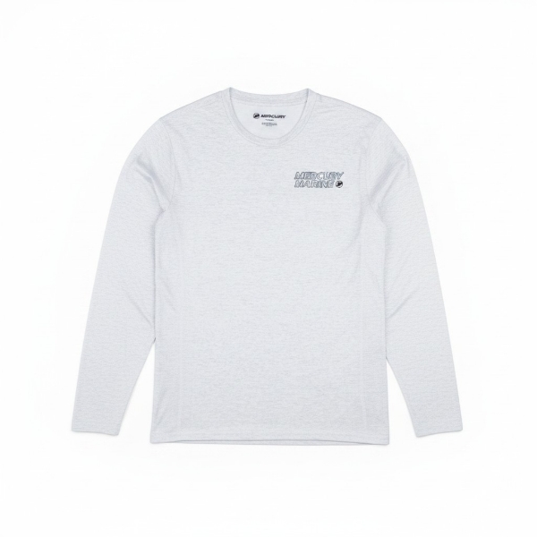 Light gray Mercury Marine long-sleeve performance shirt with small logo on left chest
